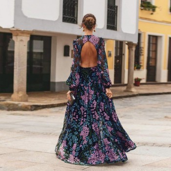 Summer Dress Long Sleeve Backless Embroidery Floral Print Dress Hollow Out Mesh See Through Flowers Long Maxi